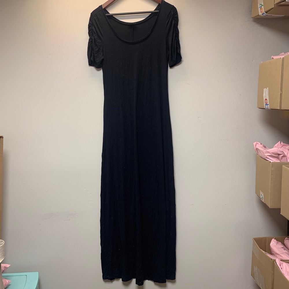 Express Maxi Dress Womens Small Black Excellent Ruched Sleeve Scoop Neck Long